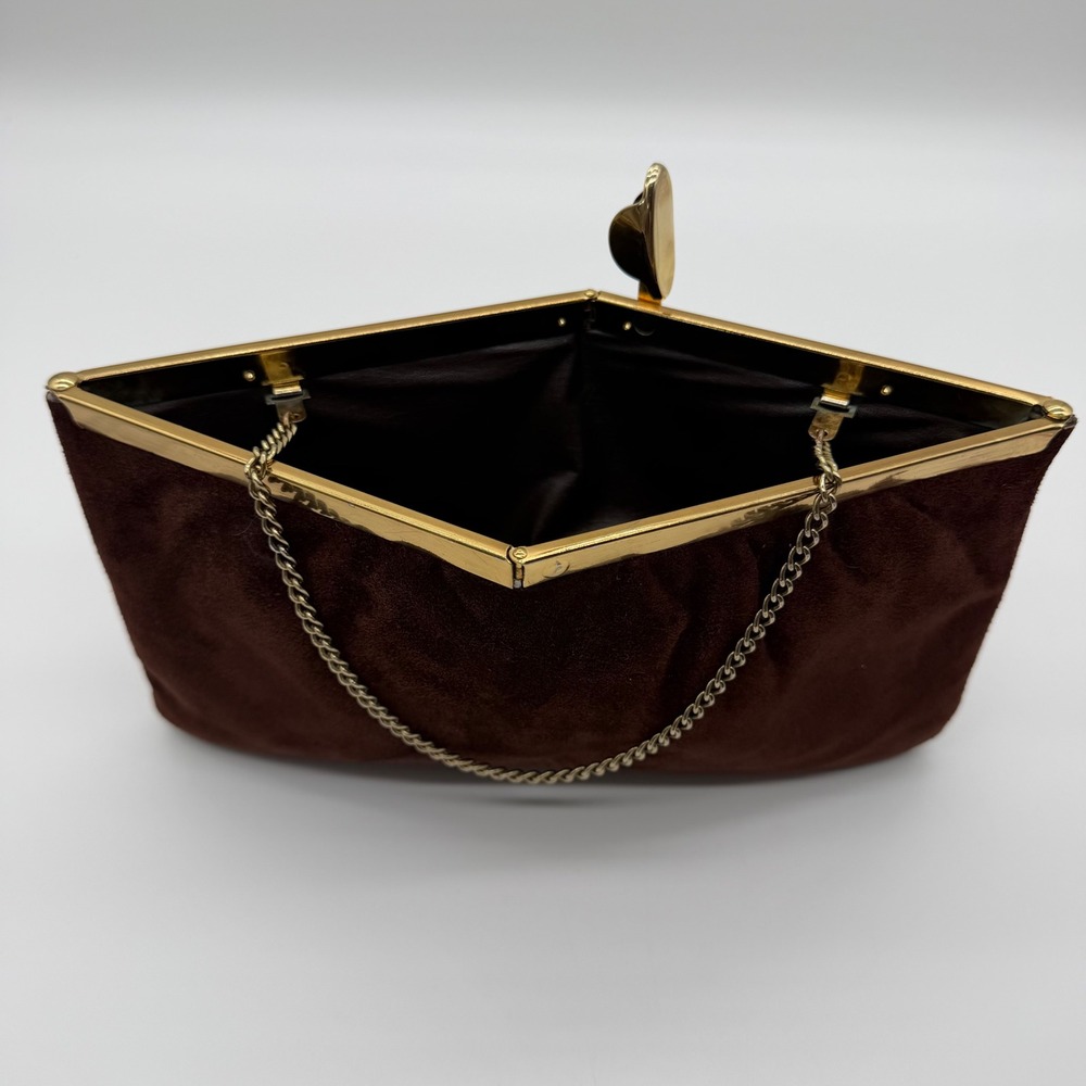 Vintage Harry Levine Handbag Suede & Chocolate Brown Suede Evening Clutch Gold - Picture 6 of 9